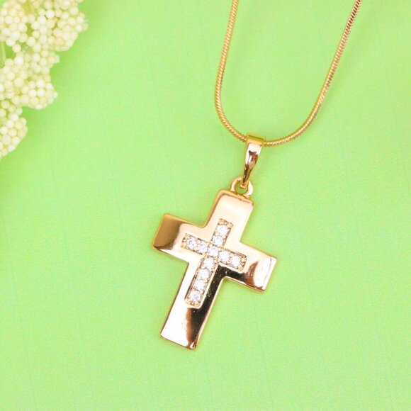 "Rose Gold Cross Pendant with Inset CZ Accents in Glossy Finish, XPPT1847 - Picture 11 of 13